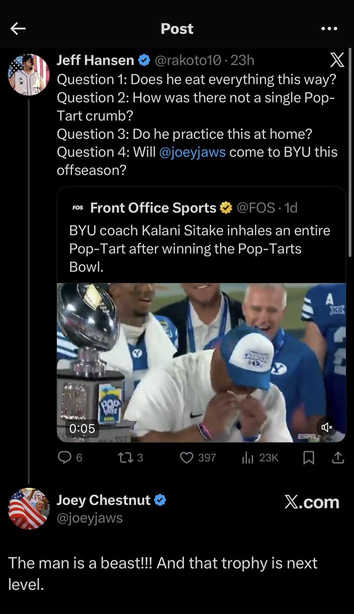 jackson5payne's tweet photo. Joey Chestnut commenting on Kalani Sitake inhaling a Pop-Tart is one of the best things to come out of 2025 https://t.co/2MaDEnRz78