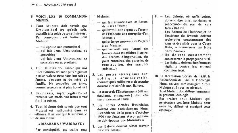 DadydeMaximo's tweet photo. #Avertissement #Signes
Ce discours immature et irresponsable rappelle le premier des Dix Commandements de l'idéologie hutue, publié en décembre 1990 au Rwanda par le magazine extrémiste hutu « Kangura » (numéro 6, page 8). (Idéologie d'exclusion).
Cela fait près de 3 ans que ce genre de messages haineux sont véhiculés et utilisés par les responsables politiques que vous soutenez ; depuis plusieurs années, les Tutsis congolais sont l’objet de discriminations croissantes. Ils subissent les exactions des groupes armés depuis des décennies; vous n'avez jamais condamné l’arrestation et exécution des éleveurs Rwandophones notamment à Minembwe, les bombardements de leurs villages, l’abattage et razzia de leurs vaches, les actes de cannibalisme envers les Tutsis congolais, ni l'arrestation arbitraire de toute personne ayant une morphologie soi-disant étrangère (précisément rwandaise…..)
Pour votre information: En 1990, les « Dix Commandements hutus » proposaient une liste de règles et d'interdits aux Hutus, dressant la population hutue contre les Tutsis, avec lesquels elle vivait depuis des générations.
1er commandement : « Tout Hutu doit savoir qu'une femme tutsie, quelle qu'elle soit, œuvre pour l'intérêt de son groupe ethnique tutsi. Par conséquent, nous considérerons comme traître tout Hutu qui :
• épouse une femme tutsie
• emploie une femme tutsie comme
concubine
• emploie une femme tutsie comme
secrétaire ou la prend sous
protégeance. »
Les Dix Commandements hutus sont souvent cités comme un exemple flagrant de propagande anti-Tutsi diffusée par les génocidaires (responsables et membres du gouvernement et journalistes) au Rwanda entre 1990 et 1994. Cette propagande dépeignait les Tutsis comme inhumains et menaçants pour la société (à exterminer).
Malheureusement, cette propagande, utilisée avant et pendant le génocide perpétré contre les Tutsis au Rwanda pour semer la peur, diviser la population et même justifier les violences contre les Tutsis, est l'idéologie qui a conduit au génocide des Tutsis au Rwanda en 1994.
Au Rwanda, au début des années 1990, plus de 20 journaux et revues incitaient à la haine envers les Tutsis. Ils étaient accompagnés par la Radio Télévision Libre des Mille Collines (RTLM), qui a fini par être surnommée la radio de la haine du Rwanda.
Exactement comme ce qui se passe en RDC !
#Alerte #Signes
Un génocide n'est jamais le fruit du hasard. Il se prépare et s'organise dans le temps. Les signes avant-coureurs sont toujours présents. Au Rwanda (1990-1994), ils n'ont pas été pris en compte. Les dirigeants mondiaux ont ignoré les avertissements détaillés des Casques bleus de l'ONU sur le terrain, signalant des massacres imminents.