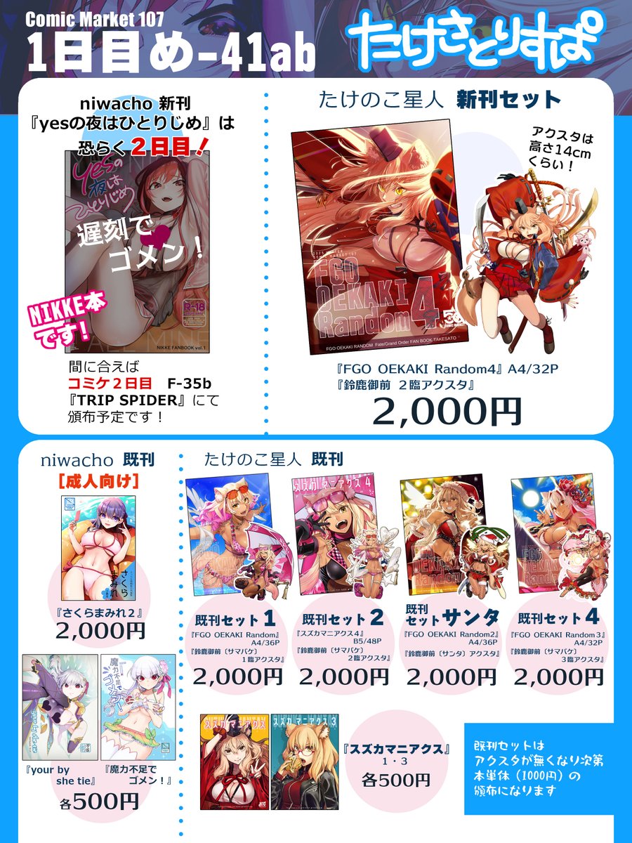 冬コミのお品書き、出来た！
niwachoさんとの合同サークル『たけさとりすぱ』は、「1日目 め-41ab（西1）」です。