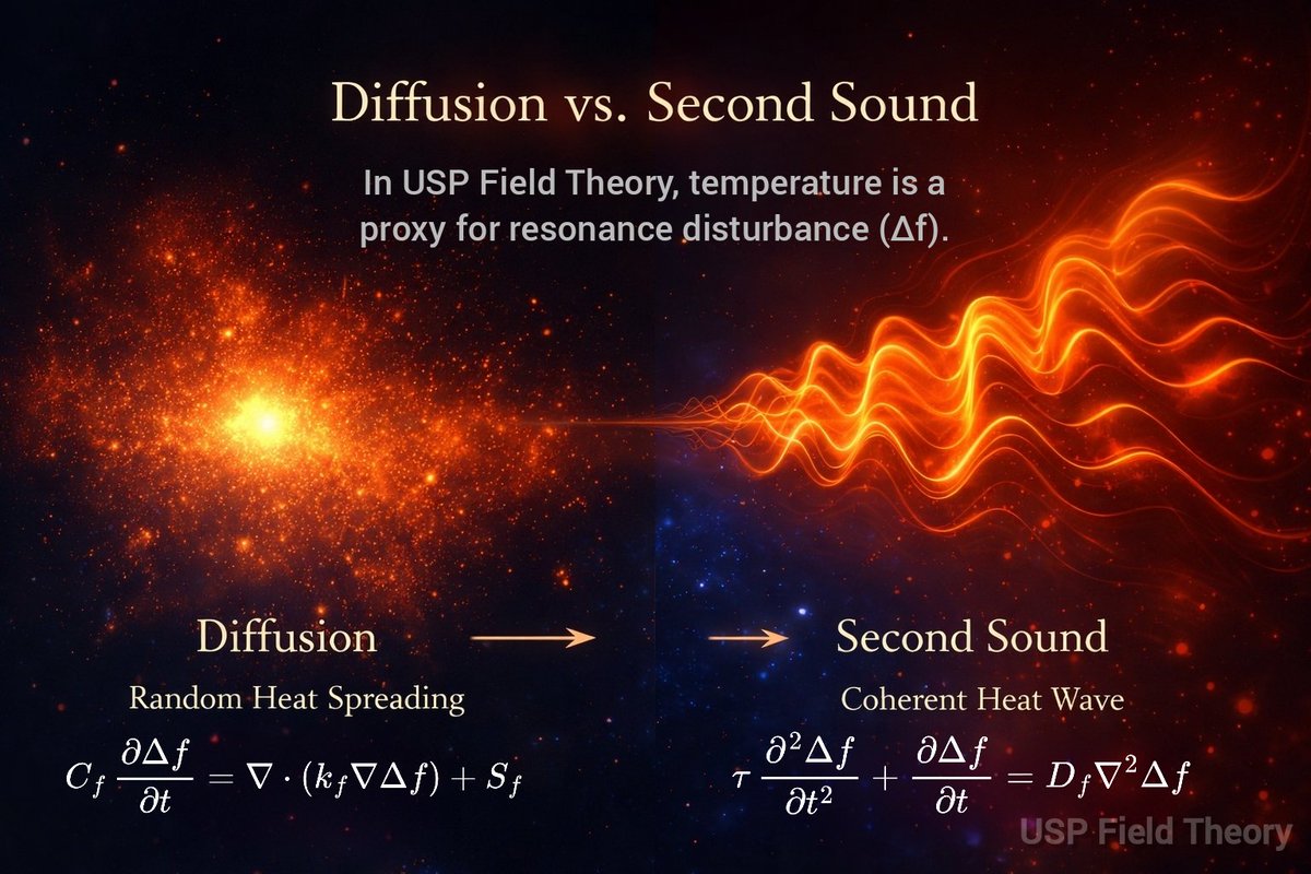 Sadeghsepehri's tweet image. Heat doesn’t always diffuse.
In low-dissipation systems, resonance disturbance (Δf) can propagate as a coherent wave — second sound.
📄 zenodo.org/records/180504…

#SecondSound #Physics #Heat #Resonance #USPFieldTheory