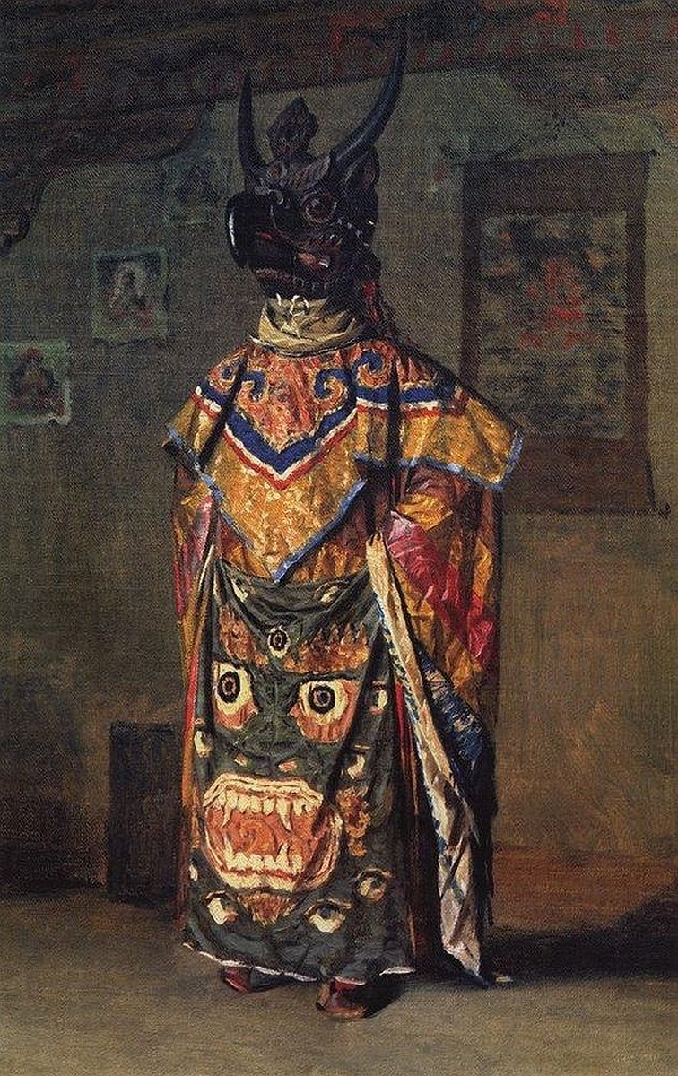 archaeologyart's tweet image. Buddhist lama in a monastery on a holiday Pemionchi, Sikkim by Vasily Vereshchagin, 1875. Material: Oil on canvas. Collection: State Tretyakov Gallery, Moscow.⁣