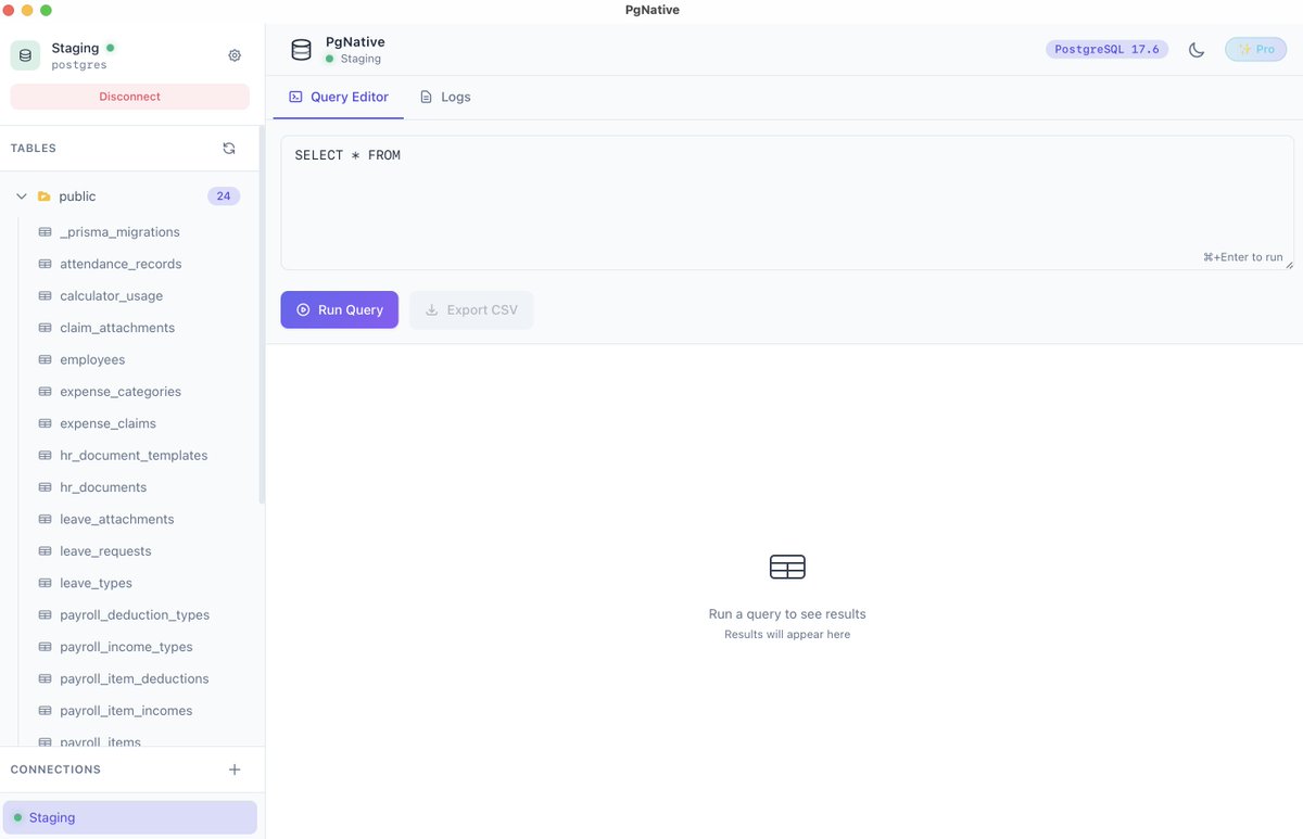helloalanlee's tweet photo. PgNative is a native PostgreSQL desktop client built for focus and speed.

• macOS &amp; Windows
• Local-first
• One-time purchase (no subscription)
Download the free version: https://t.co/9JtI9jSgl5 https://t.co/IuK8DQdQ7Z