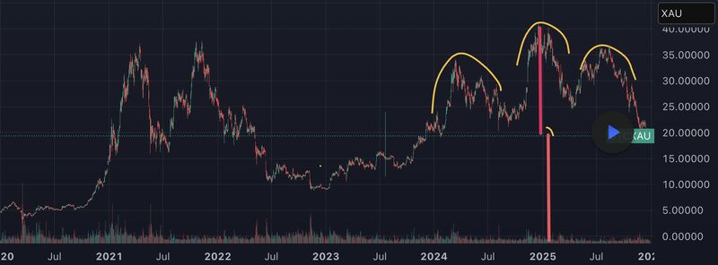 Bitcoin priced in Gold has been forming a very worrying head and shoulders pattern over the past three years.

Anyone holding Bitcoin should take note.

If this pattern follows through, Bitcoin will effectively go to 0 priced in Gold.