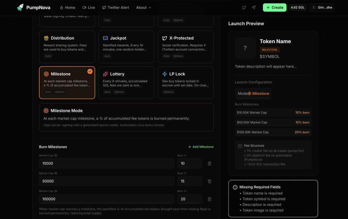 PumpNovaApp's tweet image. 📈 MILESTONE BURN - Burn at Every ATH!

Set market cap milestones, tokens burn automatically when hit:

Example:
• $10K MC → 5% burn
• $50K MC → 10% burn
• $100K MC → 15% burn

Reward holders for diamond hands 💎

pumpnova.fun