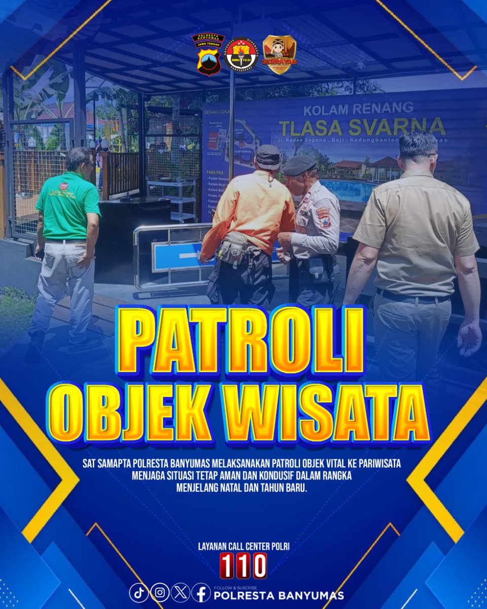 Sat Samapta Polresta Banyumas melakasanakn patroli Objek Vital ke Pariwisata menjaga situasi tetap aman dan kondusif.

🇮🇩Kerja Ikhlas
🇮🇩Kerja Cerdas
🇮🇩Kerja Tuntas

@divisihumaspolri
@humas_poldajateng

#polripresisi #PolrestaBanyumas #polriuntukmasyarakat #opslilincandi2025