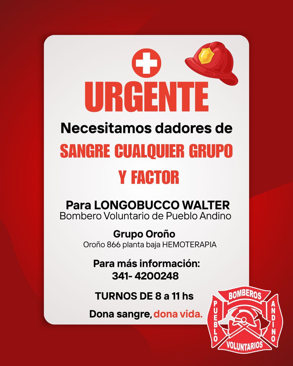 ##Atención #Rosario se necesitan #DadoresDeSangre cualquier grupo y factor para Walter Longobucco #Bombero Voluntario de Pueblo Andino, si no podes donar ayuda a difundir. <a href="/leodelga2/">Alberto Leonardo Delgado</a> <a href="/CalleDeRosario/">CalleDRosario</a> <a href="/BombVolRosario/">Bomberos Rosario.</a> <a href="/apurainfo/">apurainfo</a> <a href="/cristobal2011ok/">Alicia PIPI</a> <a href="/jaquikrai/">jaqui krai👀 greta es la dueña de esta cta 😳</a> <a href="/gracielamoberti/">gracielamoberti@hotmail.com</a>