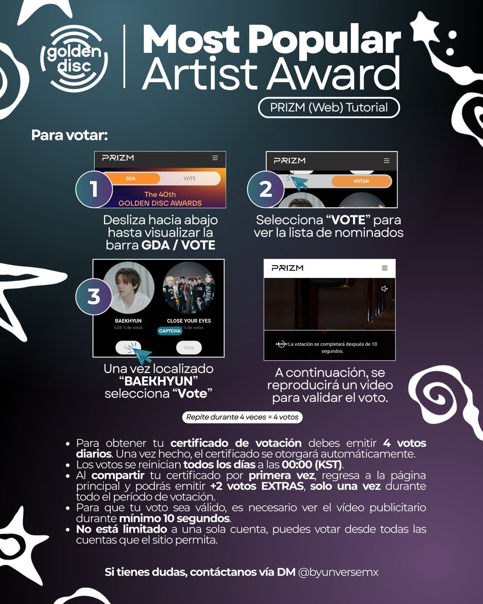 byunversemx's tweet image. 🏆 | TUTORIAL THE 40TH GOLDEN DISC AWARDS

– MOST POPULAR ARTIST AWARD

📅 Enero 4, 2026 
⏰️ 21:00 HRS

PRIZM (Web) para fans internacionales:
🔗 global.prizm.co.kr

#BAEKHYUN #백현 @BAEKHYUN_INB100