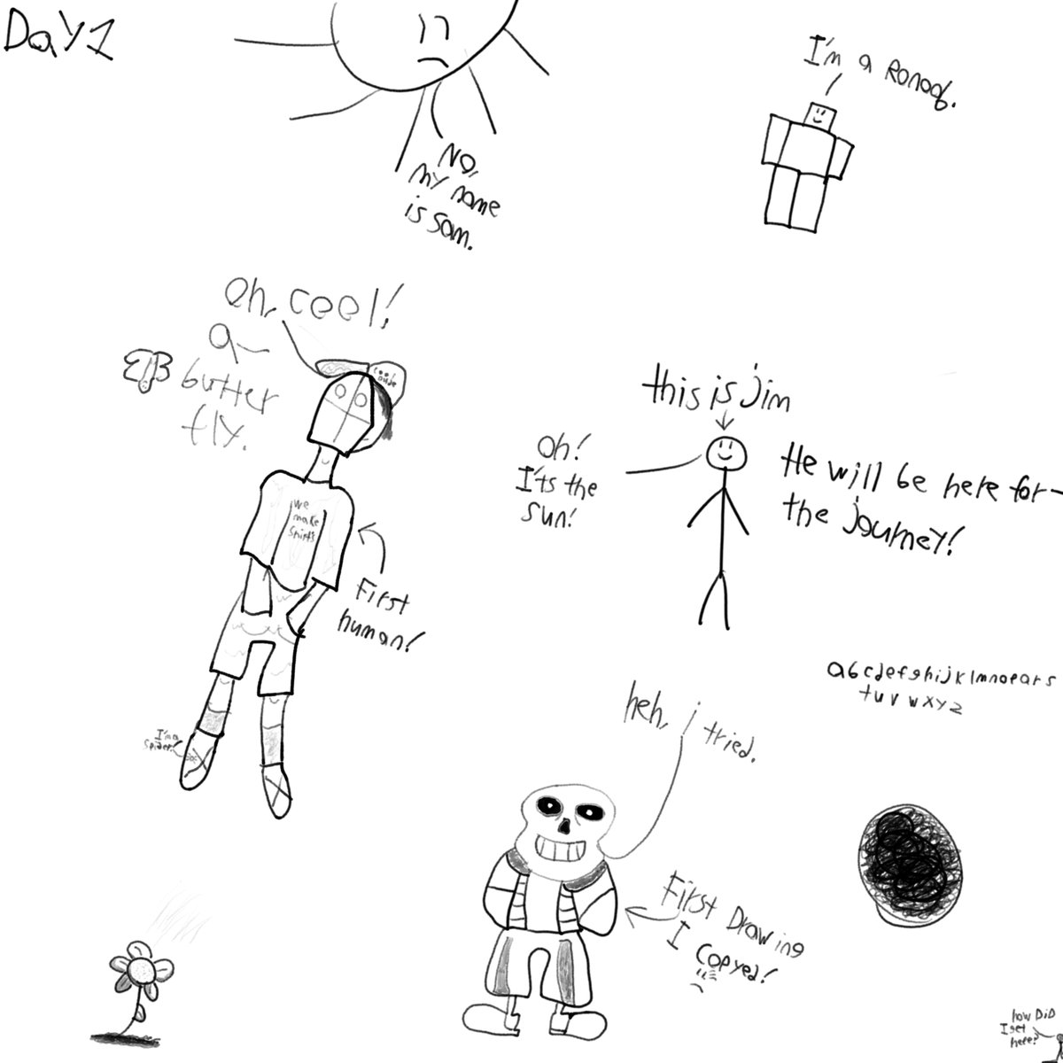 JimandChirb's tweet photo. Welp, this is the end of the road! I had fun drawing for most of these days. Even though some, i really didn't want to. But alas! I got them all done. This first drawing was actually a challenging one, since i had to draw a human guy, and also Sans Undertale. Goodbye! ;P https://t.co/Eu8VakyNP0