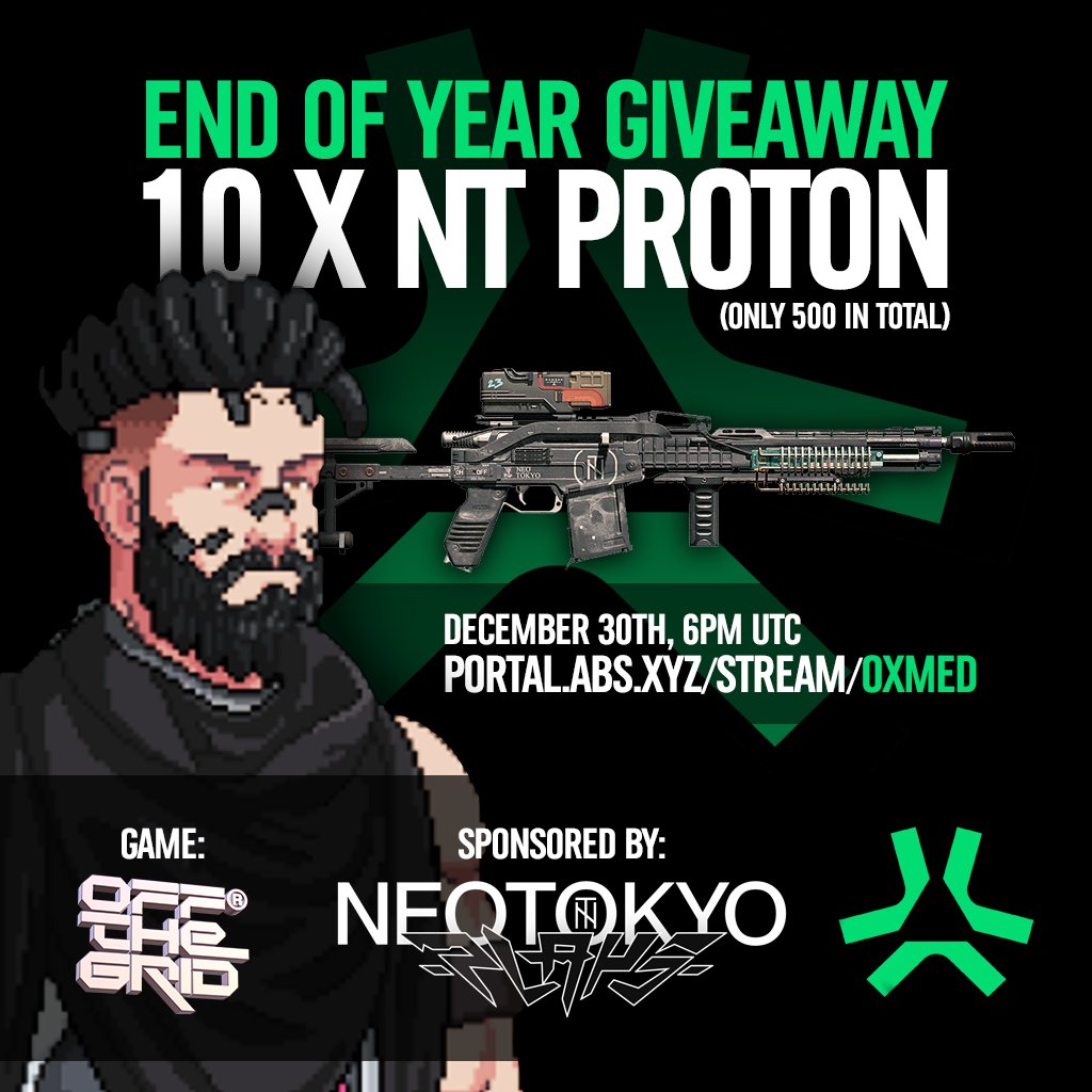 🎮🎁 END OF YEAR GIVEAWAYS INCOMING 🎁🎮

I’m streaming <a href="/playoffthegrid/">Off The Grid</a>  Dec 30th at 6PM UTC on <a href="/AbstractChain/">Abstract</a>  and doing some super limited NT Proton skin drops 👀

💥 10 NT PROTON (500 Supply in total)

• 5 via Twitter giveaway
• 5 LIVE during the stream

👇 Twitter Giveaway