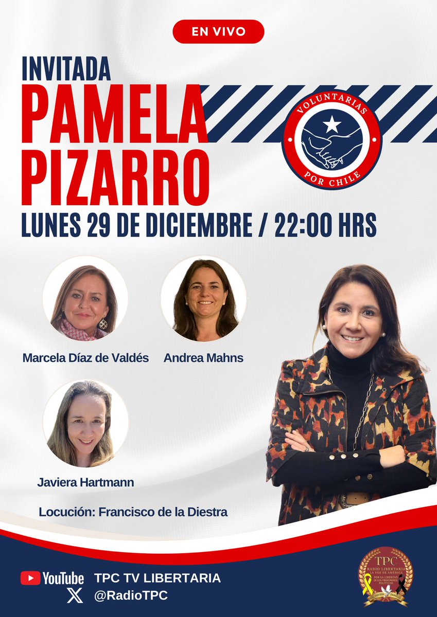Para terminar el año, <a href="/Mdiazdevaldes/">Marceladiazdevaldes</a> , <a href="/defensachilena/">Andrea</a> y <a href="/JavieraHartmann/">Javiera Hartmann</a>
conversarán con <a href="/pizarro_pamela/">Pame Pizarro</a> en Voluntarias por Chile.
Los esperamos mañana lunes 29/12 a las 22:00 hrs por <a href="/RadioTPC/">TPC RADIO LIBERTARIA</a> y sus plataformas.
<a href="/Francis25830521/">Francisco de La Diestra (Capitán Hunter)</a> <a href="/Jime_Figueroa/">Jimena Figueroa ⭐️</a> <a href="/BenavidesMunoz/">Alberto ⭐ 🇨🇱 #ChileNoCaerá</a>