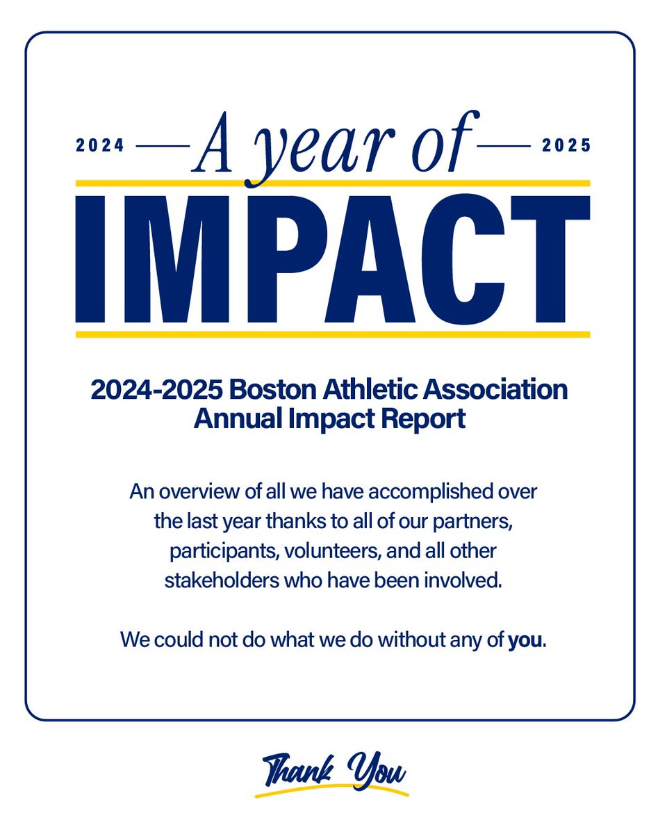 bostonmarathon's tweet image. The @BAA is delighted to share with you our 2024-2025 Impact Report.🦄

This report aims to provide an overview of all that we have accomplished over the last year and we want to thank all of our partners, participants, volunteers, &amp;amp; all involved!💙💛

🔗 bstnmar.org/ImpactReport24…
