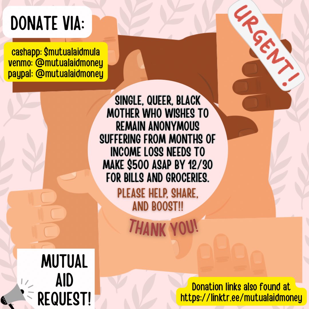 JasmineSomeHell's tweet photo. *URGENT MUTUAL AID REQUEST* Black &amp; unemployed single mom needs $500 by 12/30 for bills and groceries. Current at 140/500. Links to donate here: https://t.co/rcgsAhEJQv

#mutualaid #MutualAidRequest #MutualAidBoost https://t.co/6u4Nazah7c