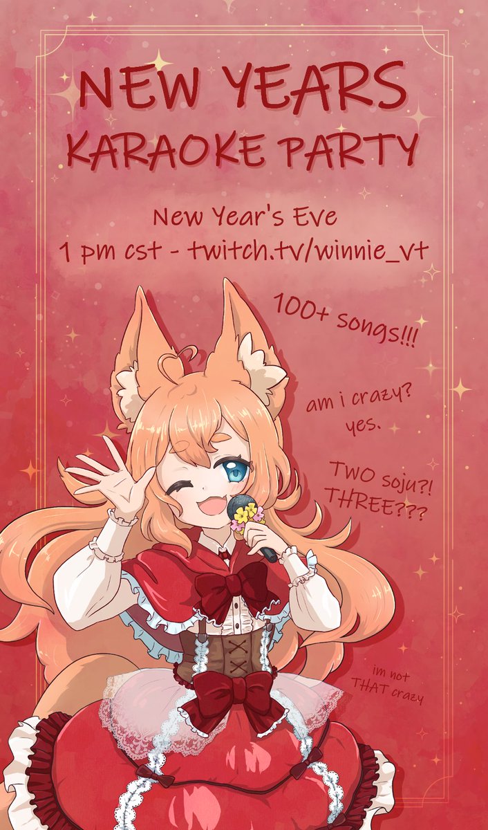 🍄NEW YEARS🍄
🍄KARAOKE PARTY🍄

you, yes you, are invited to the world's most anticipated event of the year (by who???)

a gauntlet done in the past, some say it can't be done again...

100+ song karaoke!
one wolf!

new year's eve
1 pm central time
winnie.moe