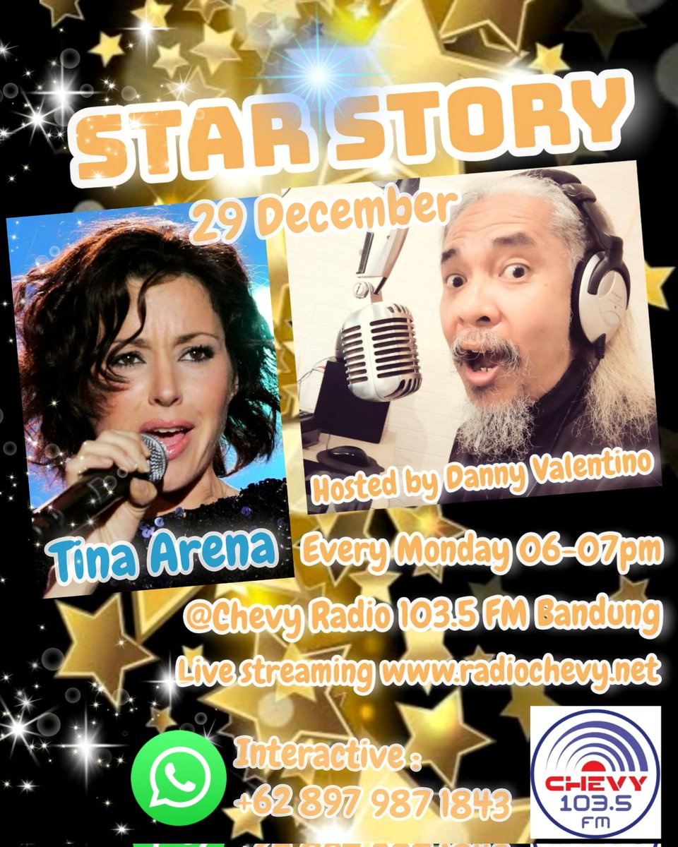 "STAR STORY" Monday 29 December 06-07pm ⭐ TINA ARENA ⭐
Live audio streaming radiochevy.net 📲📲
Listen @ Chevy Radio 103.5 FM #Bandung 📻🎶😊
#tinaarena #popmusic #australiansinger
