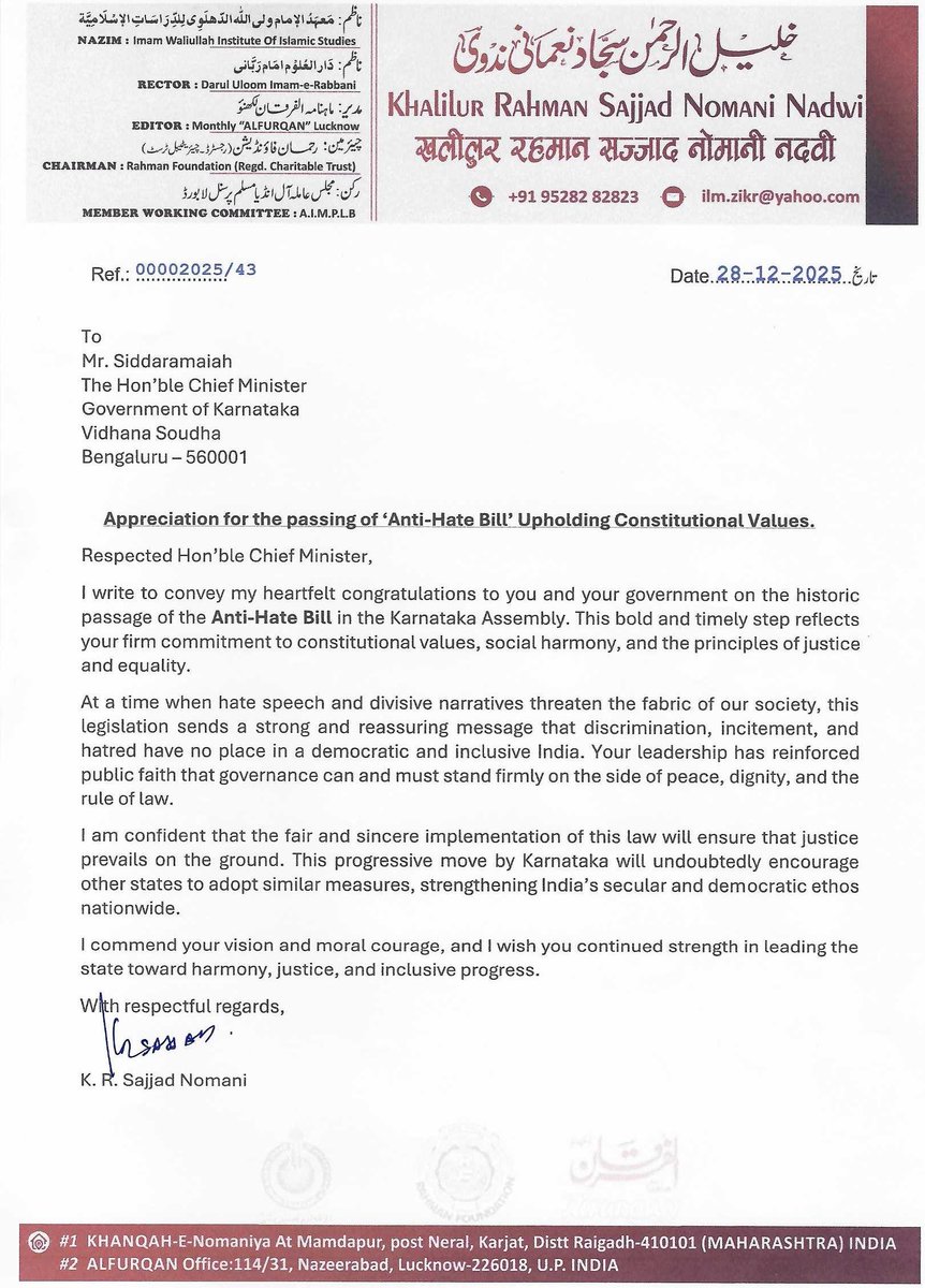 msajjadnomani's tweet photo. I appreciate the Karnataka Government for passing the anti-hate speech bill. A much-needed step to maintain peace, harmony, and protect religious minorities from unnecessary harassment. @siddaramaiah @DKShivakumar @kharge @RahulGandhi @priyankagandhi  @utkhader @CMofKarnataka https://t.co/gfg4ImWh92
