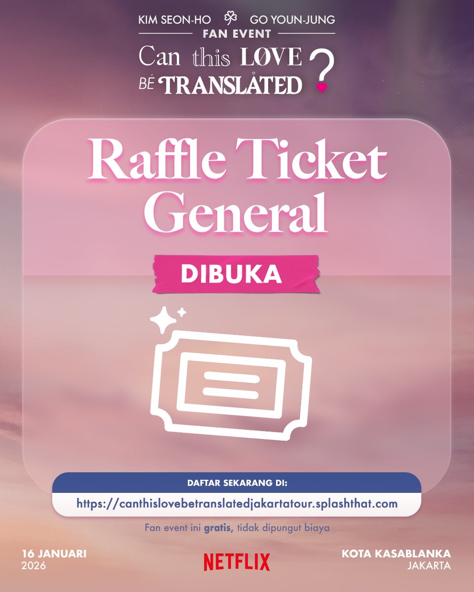 NetflixID's tweet photo. Kesempatan buat ketemu langsung sama Kim Seon-ho & Go Youn-jung masih terbuka! 💕 Daftar SEKARANG dan tunggu konfirmasi tiket kamu! Acaranya GRATIS dan tidak dipungut biaya apapun!

👉 Daftar di: https://t.co/ojuL5uiZ0j
🗓️ Periode pendaftaran: 29 Desember 2025 – 7 Januari 2026
📩 Konfirmasi tiket: 9 Januari 2026

📍 Kota Kasablanka, Jakarta
📅 Jumat, 16 Januari 2026