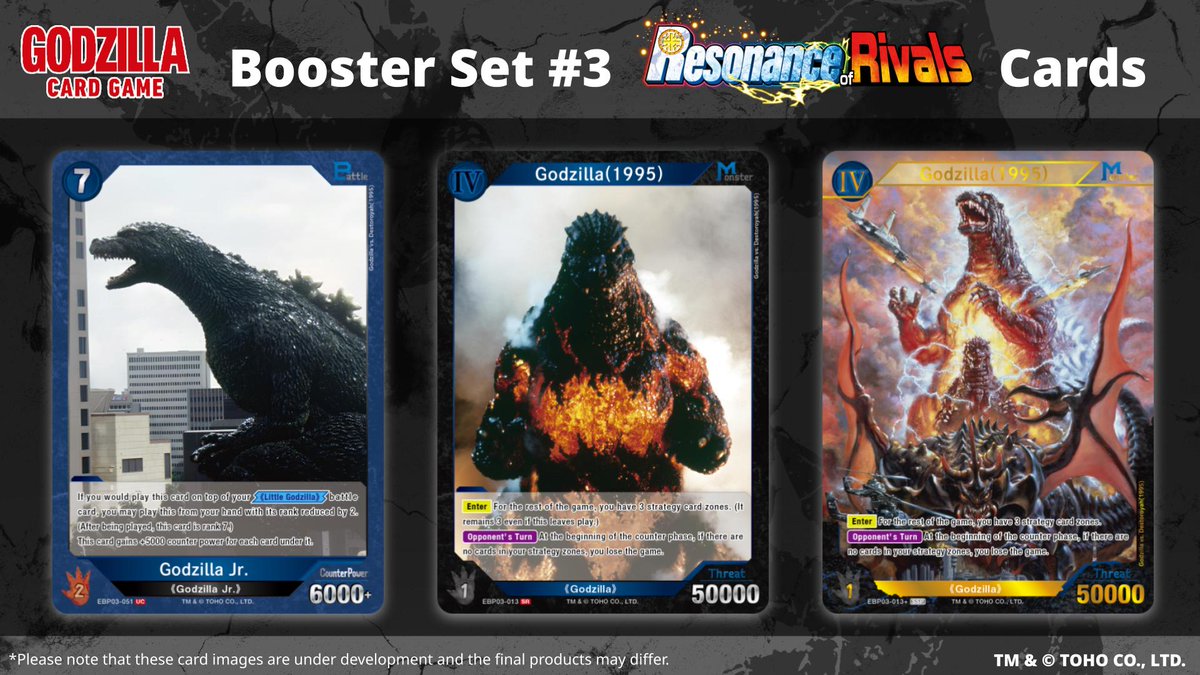 🔥Card reveal!🔥

On sale January 31!

Introducing the following collectible cards from the from the Booster Set #3 "Resonance of Rivals"✨

Look forward to upcoming cards!

▼Product Page
en.godzilla-cardgame.com/products/ebp03/

#GodzillaCardGame #Godzilla #TCG