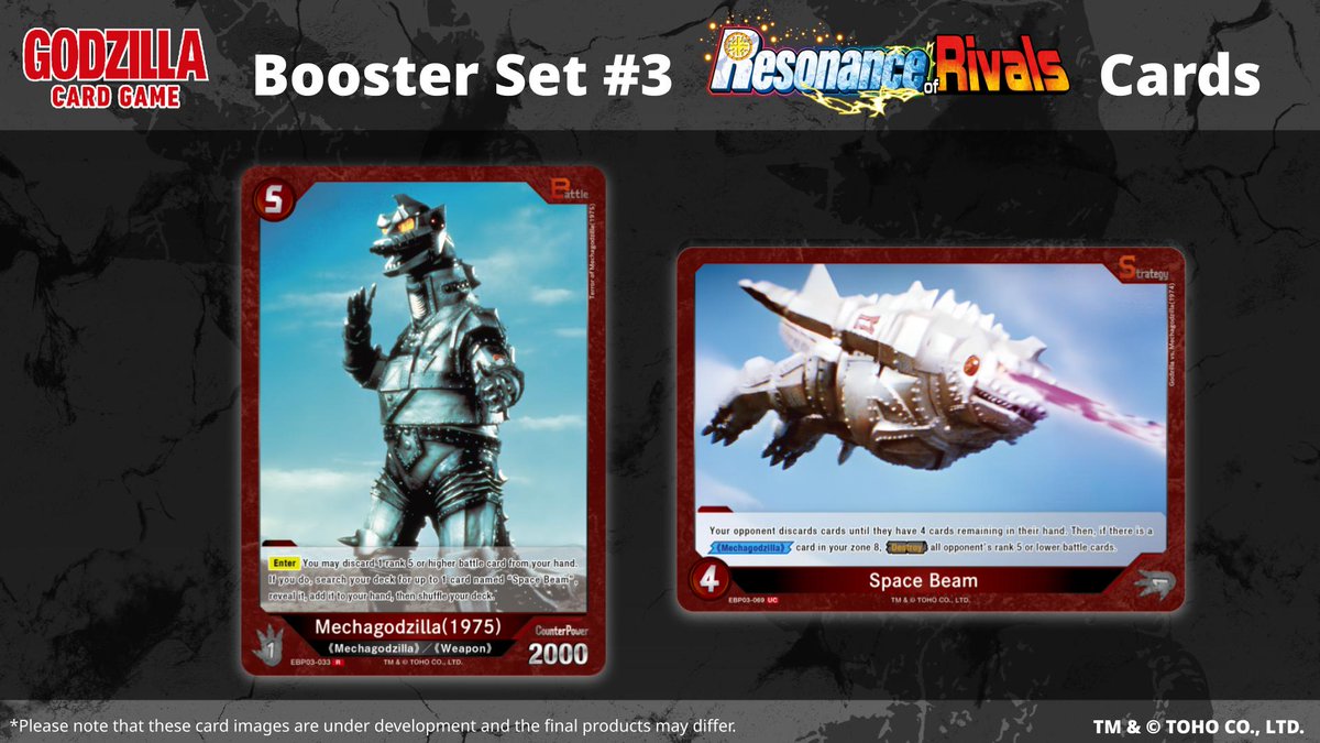 🔥Card reveal!🔥

On sale January 31!

Introducing the following collectible cards from the from the Booster Set #3 "Resonance of Rivals"✨

Look forward to upcoming cards!

▼Product Page
en.godzilla-cardgame.com/products/ebp03/

#GodzillaCardGame #Godzilla #TCG