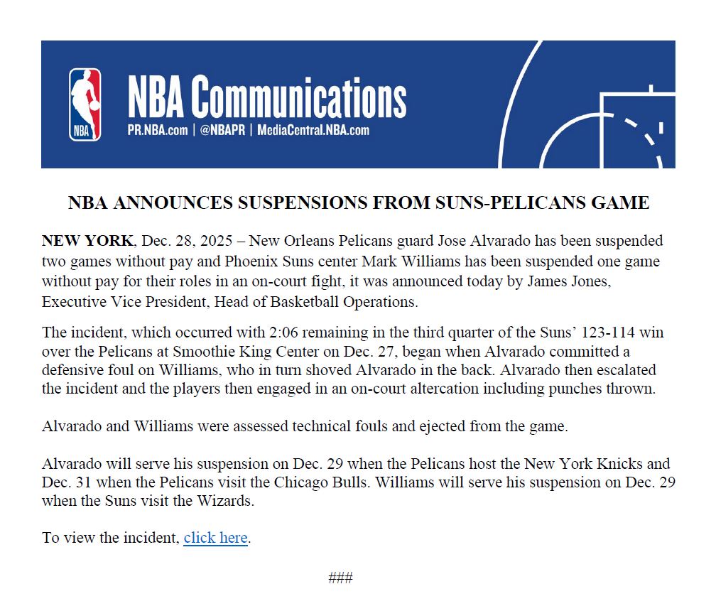 NBAPR's tweet image. The following has been released by the NBA.
