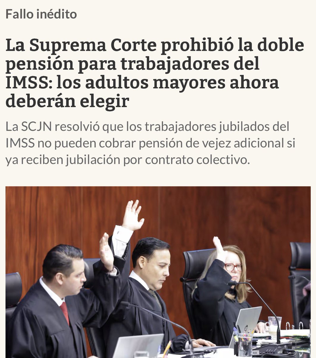 JJDiazMachuca's tweet photo. Fallo inédito
La Suprema Corte prohibió la doble pensión para trabajadores del IMSS: los adultos mayores ahora deberán elegir

¡Vaya, vaya, qué maravilla de justicia a la mexicana, los jueces del acordeón siempre velando por el “bienestar” del gobierno, perdón, de los abuelitos! Porque, ya saben, la @SCJN no podía dejar que una decisión tan “brillante��� pasara desapercibida.  

Ahora, expliquemos este fallo contra los abuelitos: ¡Felicidades a los adultos mayores jubilados del @Tu_IMSS, porque la Corte acaba de clavarle el puñal por la espalda, perdón, convertir su retiro en un emocionante juego de “elige tu aventura… económica”! 

Básicamente, la @SCJN del acordeón, en su infinita sabiduría alineada a la 4T, resolvió que no pueden cobrar dos pensiones al mismo tiempo: la de jubilación por contrato colectivo (esa que les dan por años de servicio en el IMSS) y la de vejez adicional (la que supuestamente les cubre por llegar a la tercera edad sin morir en el intento). 

¡Qué ironía, eh! En un país donde el miardero gobierno presume de “primero los pobres” y “bienestar universal”, los jueces del acordeón deciden que doble pensión es demasiado lujo, eso es muy “burgués” para los abuelitos que ya cotizaron toda su vida. Ahora, si ya reciben una por contrato, adiós a la extra por vejez; tienen que “elegir” –como si fuera un menú de taquería, pero en lugar de pastor o suadero, es “sobrevive con menos” o “quédate con lo justo para no morirse de hambre”.

¡Burla total: imagínense, después de décadas rompiéndose el lomo en el @Tu_IMSS, arrives a la vejez pensando “¡por fin, doble cheque para mis medicinas, nietos y viajes!”, y ¡zas! La Corte te dice “nop, eso es incompatible, como mezclar agua y aceite… o sentido común y burocracia mexicana”. 

La corte del acordeón: les dicen “despierten guajiros de sus sueños neoliberales fifis”. 

Millones de jubilados podrían perder ese pago extra, reduciendo sus ingresos justo cuando más lo necesitan –porque, claro, ¿quién necesita estabilidad en la vejez cuando puedes tener “justicia” que te obliga a renunciar a lo ganado?. ¡Pero claro, deben ser “solidarios” con el gobierno de @Claudiashein, que está quebrado por culpa de la corrupcion y despilfarro de @lopezobrador_!.

¡Qué cínico regalo de finales del 2025! Quién era de los afortunados con doble ingreso, prepáranse para ajustar el presupuesto: menos croquetas para el perro, más sopas instantáneas. ¡Viva la Corte del acordeón, protegiendo… al erario de los “voraces” pensionados!.

Si esto no es una broma pesada, no sé qué es. Pásenle factura a @PartidoMorenaMx en 2027.

@Mauricio_35m