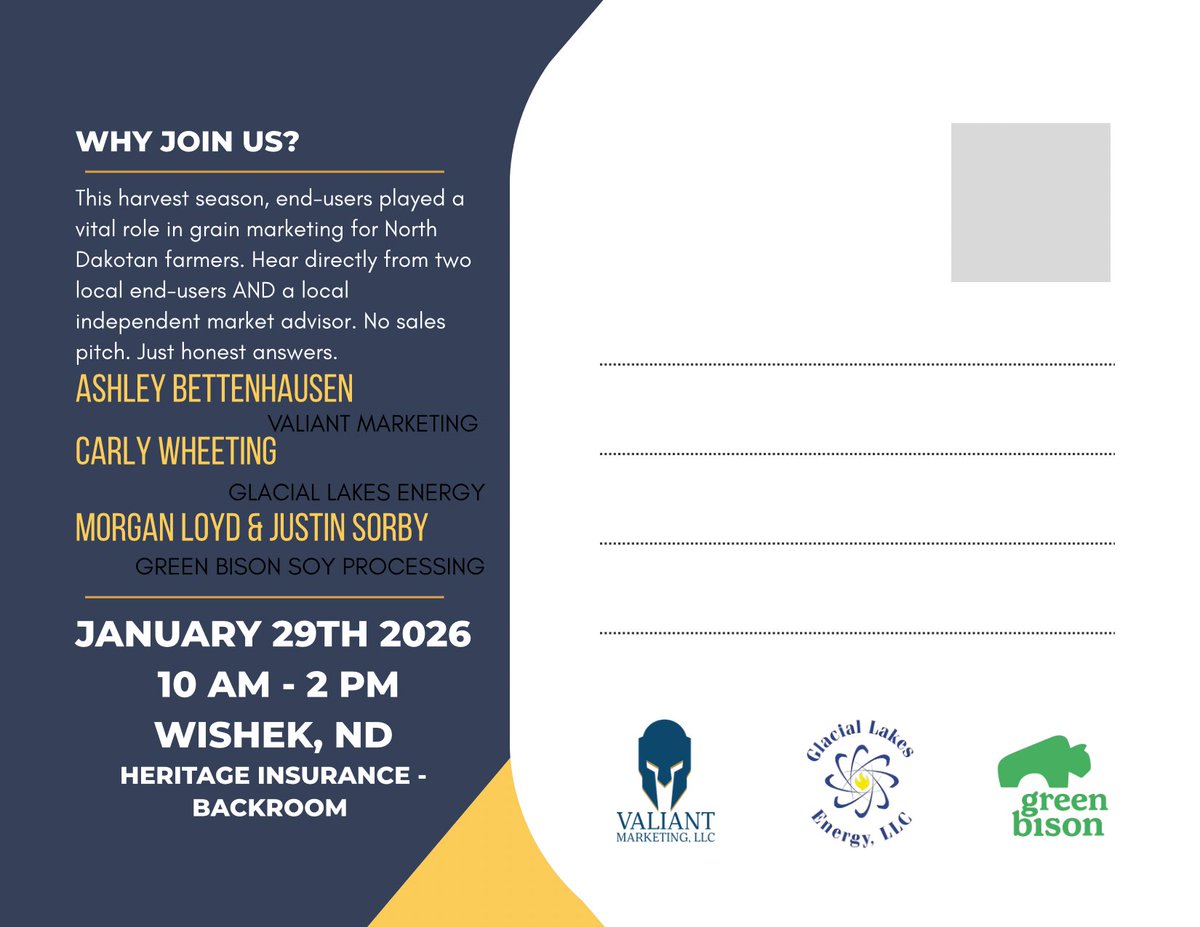 📆 Mark Your Calendars!
If you are anywhere near Wishek, ND on January 29th, you’re welcome to come! Heck if you’re not near and wanna come, you’re welcome ☺️ 

🌽 Glacial Lakes Energy 
🫛 Green Bison Soy Processing
💙 Valiant Marketing 

Everything going on in ND/SD Agriculture
