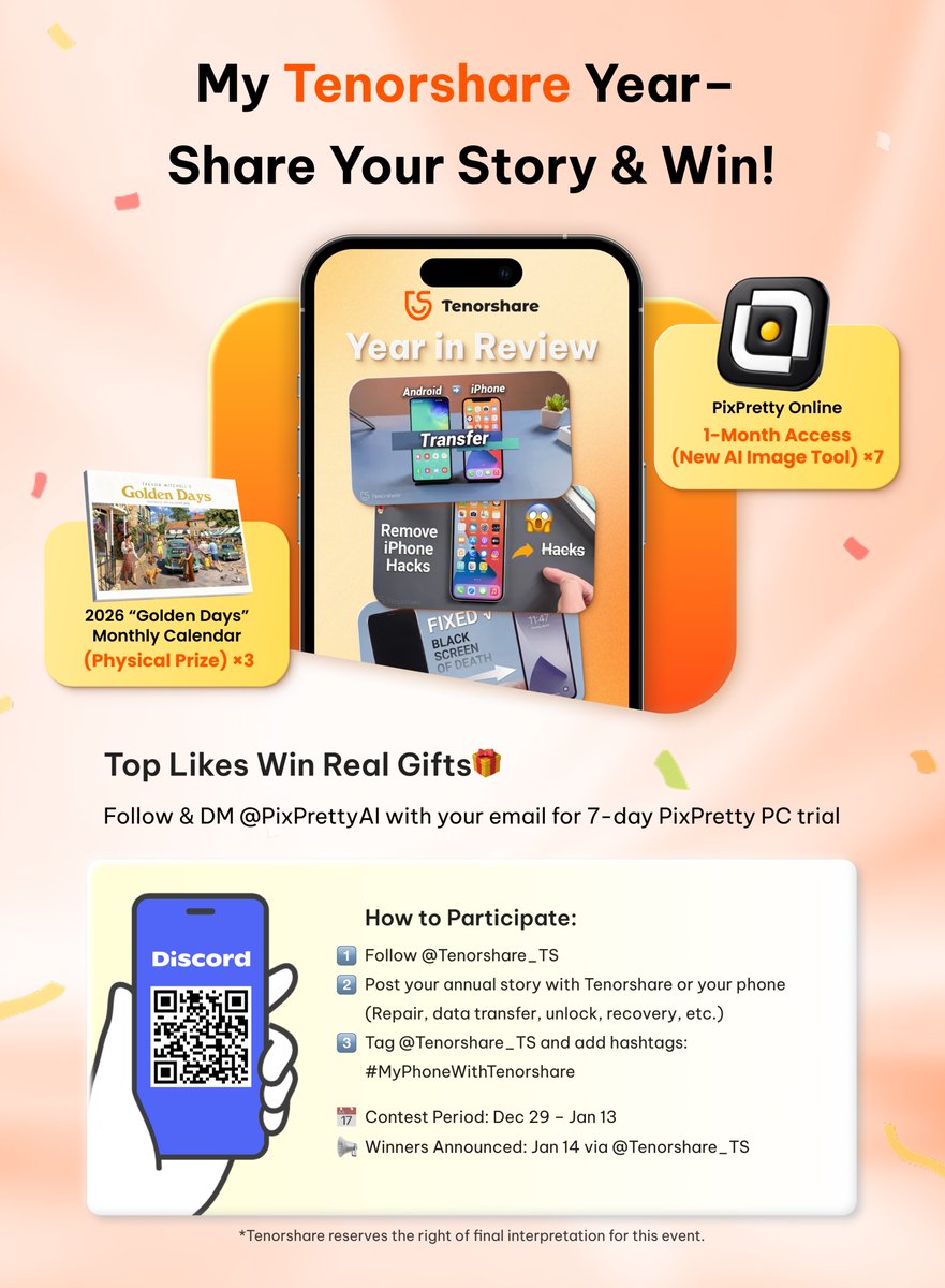 Tenorshare_TS's tweet photo. 📱My Tenorshare Year – Share &amp; Win!

How to enter:
Follow + Post your phone story + Tag @Tenorshare_TS

Prizes:
🏆 Top 3 Likes
• Otter House 2026 “Golden Days” A4 Monthly Calendar (Physical Prize)

🎁 4th–10th Likes
• PixPretty Online — 1-Month Access

#iPhone #Tenorshare https://t.co/8wjXaw8iNE