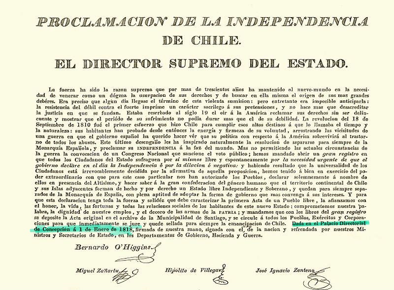 FcoDarmendrail's tweet photo. Proclamación de la Independencia de #Chile del 12 de febrero de 1818 y suscrita en Talca por Bernardo O'Higgins en  una ceremonia formal. Empero vean bien el documento, está datada y firmada con fecha 1 de enero de 1818 en el Palacio Directorial de #Concepción.(en verde) Hilo https://t.co/IfD9Frm88Y