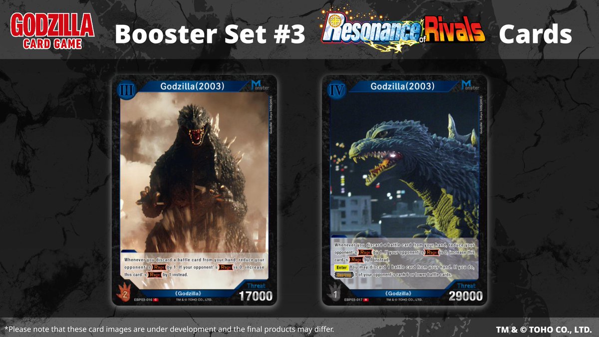 🔥Card reveal!🔥

On sale January 31!

Introducing the following collectible cards from the from the Booster Set #3 "Resonance of Rivals"✨

Look forward to upcoming cards!

▼Product Page
en.godzilla-cardgame.com/products/ebp03/

#GodzillaCardGame #Godzilla #TCG