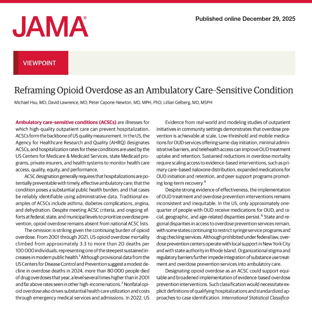 JAMA_current's tweet image. 💬 Viewpoint: Designating opioid overdose as an ambulatory care sensitive condition (#ACSC) could expand access to evidence-based prevention, improve care quality, and reduce avoidable hospitalizations. 

ja.ma/49bnFpH
