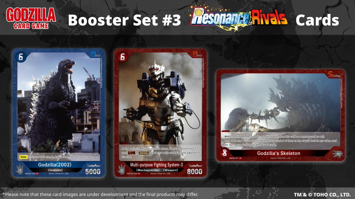 🔥Card reveal!🔥

On sale January 31!

Introducing the following collectible cards from the from the Booster Set #3 "Resonance of Rivals"✨

Look forward to upcoming cards!

▼Product Page
en.godzilla-cardgame.com/products/ebp03/

#GodzillaCardGame #Godzilla #TCG