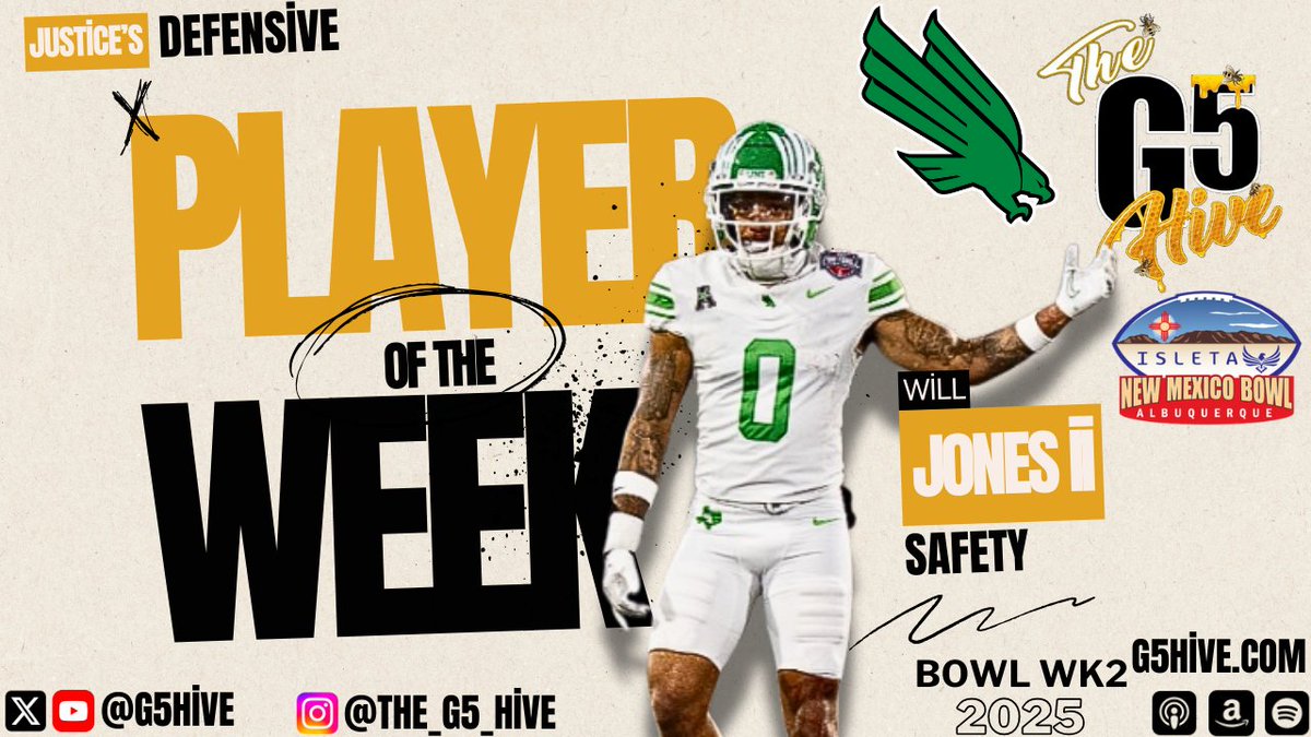G5Hive's tweet photo. The G5 Hive @Justice_2318 Defensive Player of the Week! @MeanGreenFB Safety @TheWillJones_! Will had 14 tackles, 7 solo, 1 tackle for loss, an interception and a forced fumble to lead the Mean Green to Victory in the @NMBowl! #GMG #G5Hive https://t.co/iyV1gKpK3N