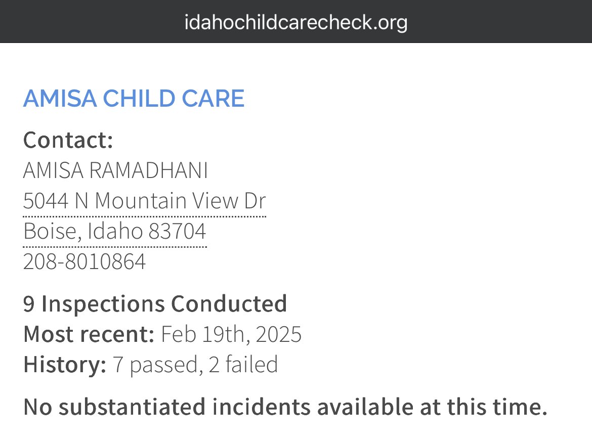 LibertyBelle208's tweet photo. 5/12 Amisa Child Care- Boise, Idaho
Amisa Ramadhani listed as a vendor on https://t.co/TfJLMtUHVD receiving $164,628k FY2020-FY2023 https://t.co/w0hFbrZIcq
