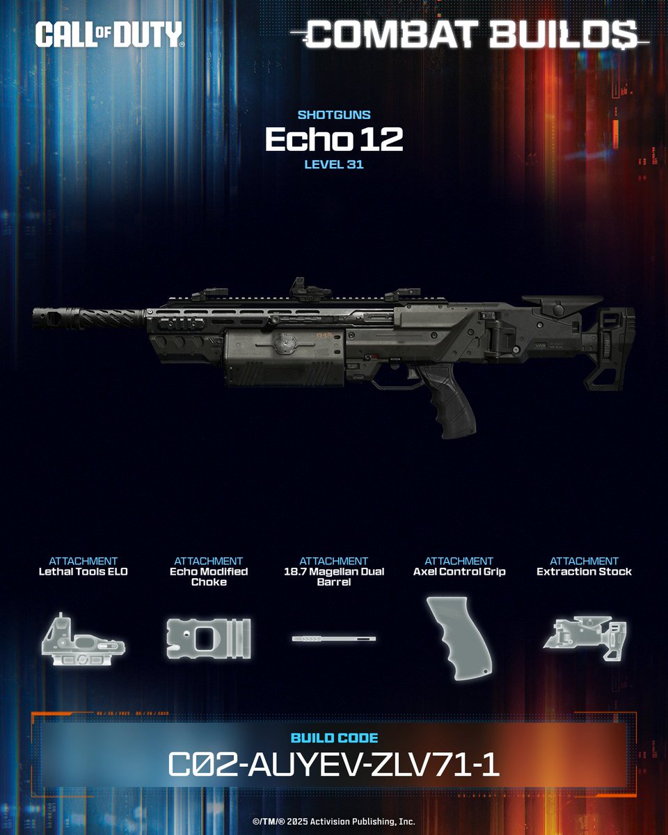 DethWIsh76's tweet photo. The Echo 12 Shotgun gets a range and ADS boost in this build, so you’re quicker on the draw and lethal from farther out 👀

💥 Equip this build now ➡️ C02-AUYEV-ZLV71-1 #CallOfDuty #CODCombatBuilds https://t.co/w6K6unMWoa