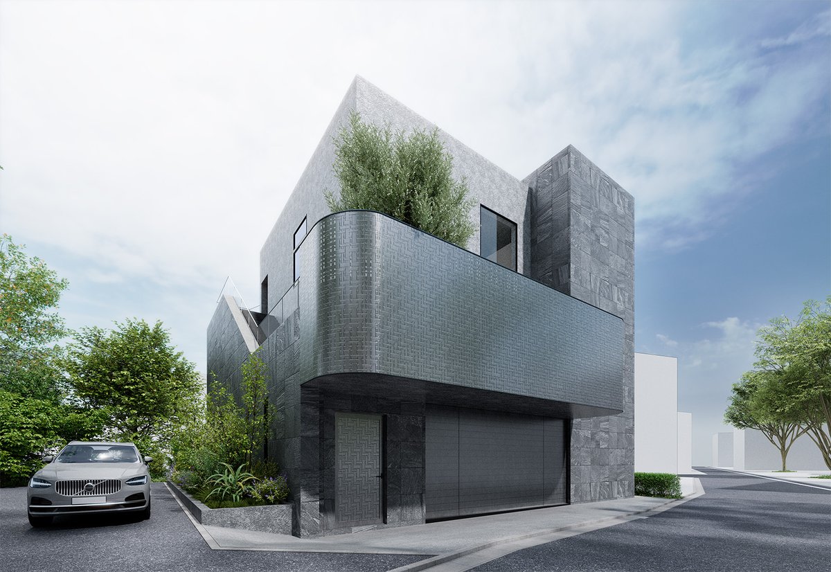 F_YUU's tweet photo. 街角にすっとなじむ、戸建て注文住宅のCGパース。

石調の外壁とシャープな形に、
やわらかな曲線と植栽を添えて、
落ち着きのあるモダンな外観建築パースに仕上げました。

完成後の暮らしが、少しだけ想像できる一枚です。

#建築CG #注文住宅 #戸建て住宅 #外観パース #住宅デザイン #家づくり https://t.co/Kaj40etnPp