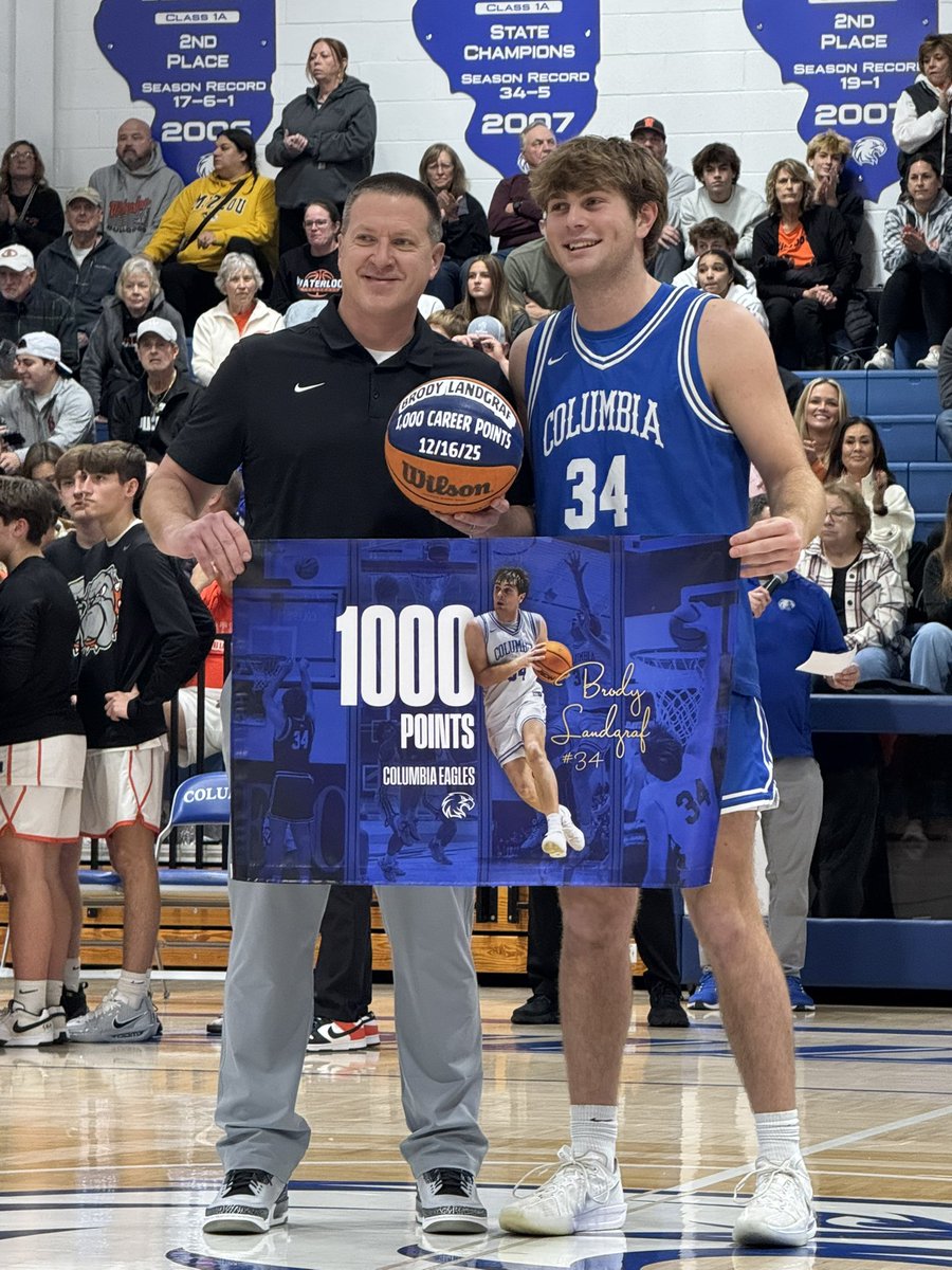 Congratulations to Brody Landgraf on scoring his 1,000 career point vs Roxana on December 16, 2025.  Brody was recognized prior to our game tonight with Waterloo.