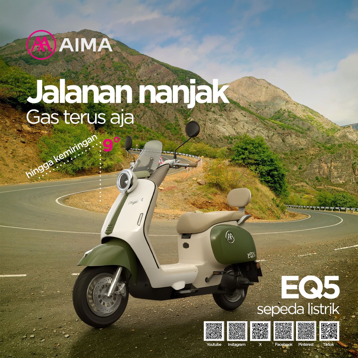 aimaindone's tweet photo. Jalanan nanjak? Gas terus aja.

AIMA EQ5 siap nemenin kamu menaklukkan tanjakan hingga kemiringan 9°. Tarikan tetap kuat, laju tetap stabil, tanpa drama meski jalan mulai menanjak.
#aima #aimaindonesia #kendaraanlistrik #sepedalistrik #motorlistrik https://t.co/6oYQURQY3n