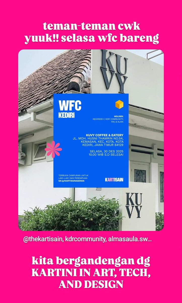 BESOK YUK!
Pasti banyak yg di-sharing sama teman-teman di sana nanti. Ada creative peeps, tech bro/sist, finance people, pelajar yg lagi libur mau belajar bareng juga boleeh

Tahun baru dapat knowledge, pengalaman, dan jejaring baru pasti seruuu 

Happy new year, peeps!🎉🙌