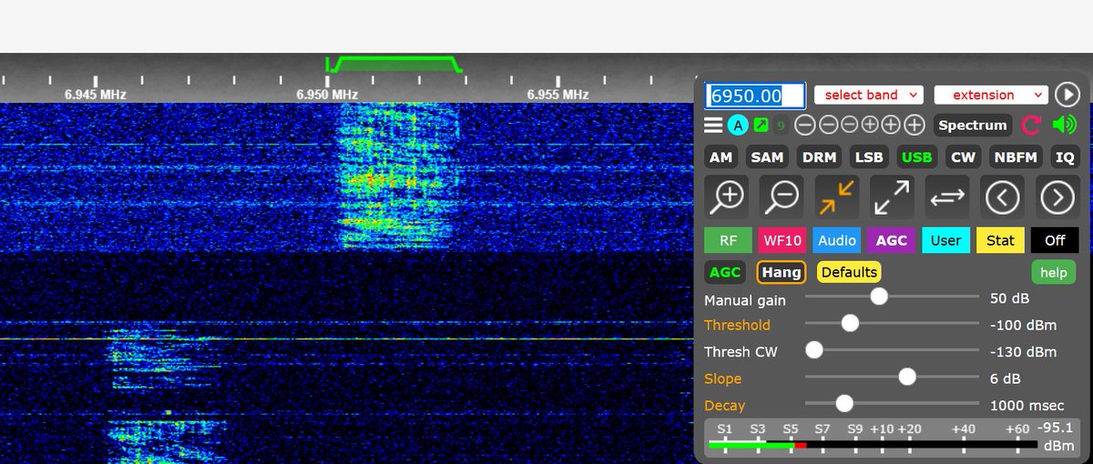#PirateRadio Sudden QSY from 6940 to 6950 kHz  USB
as received by K4JK's KiWi SDR in Ft. Union, VA Dec 29, 2025 2:30 AM UTC  Music, 80's pop.  No Station ID yet.
k4jk-1.proxy.kiwisdr.com:8073