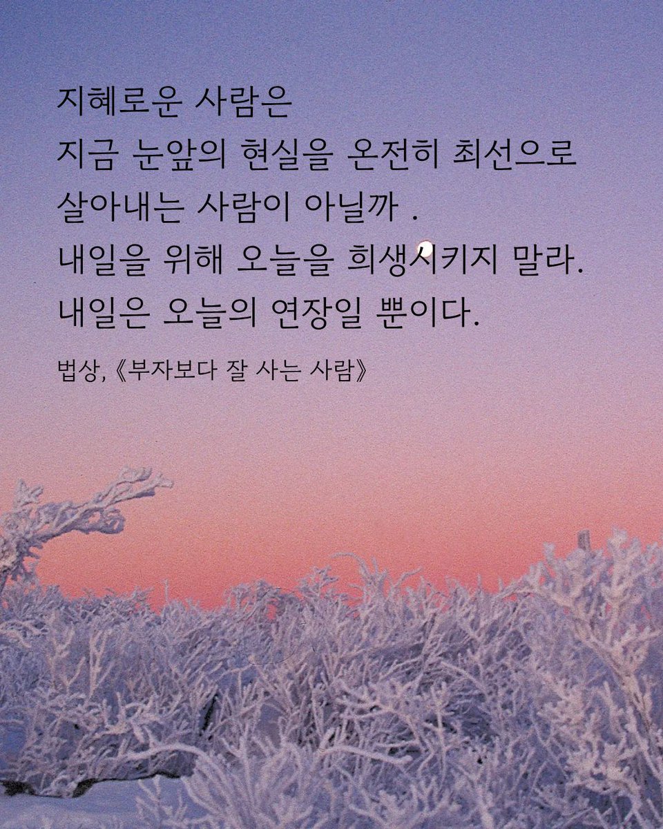 지혜로운 사람은
지금 눈앞의 현실을 온전히 최선으로
살아내는 사람이 아닐까 .
내일을 위해 오늘을 희생시키지 말라.
내일은 오늘의 연장일 뿐이다.
법상, 《부자보다 잘 사는 사람》