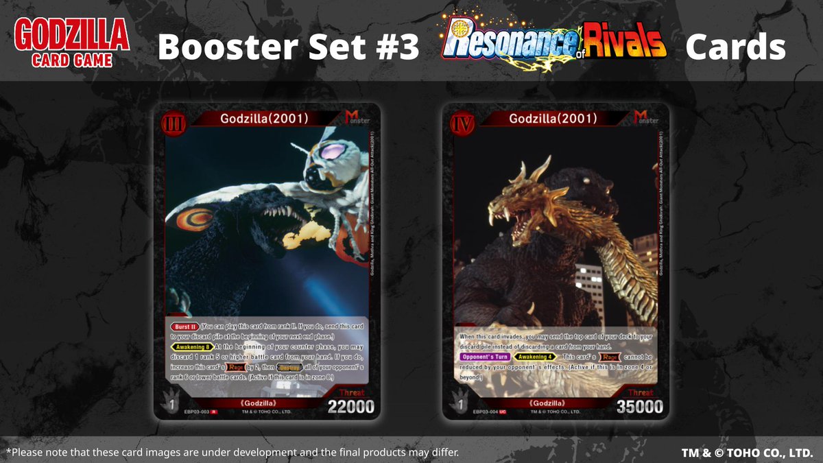 🔥Card reveal!🔥

On sale January 31!

Introducing the following collectible cards from the from the Booster Set #3 "Resonance of Rivals"✨

Look forward to upcoming cards!

▼Product Page
en.godzilla-cardgame.com/products/ebp03/

#GodzillaCardGame #Godzilla #TCG