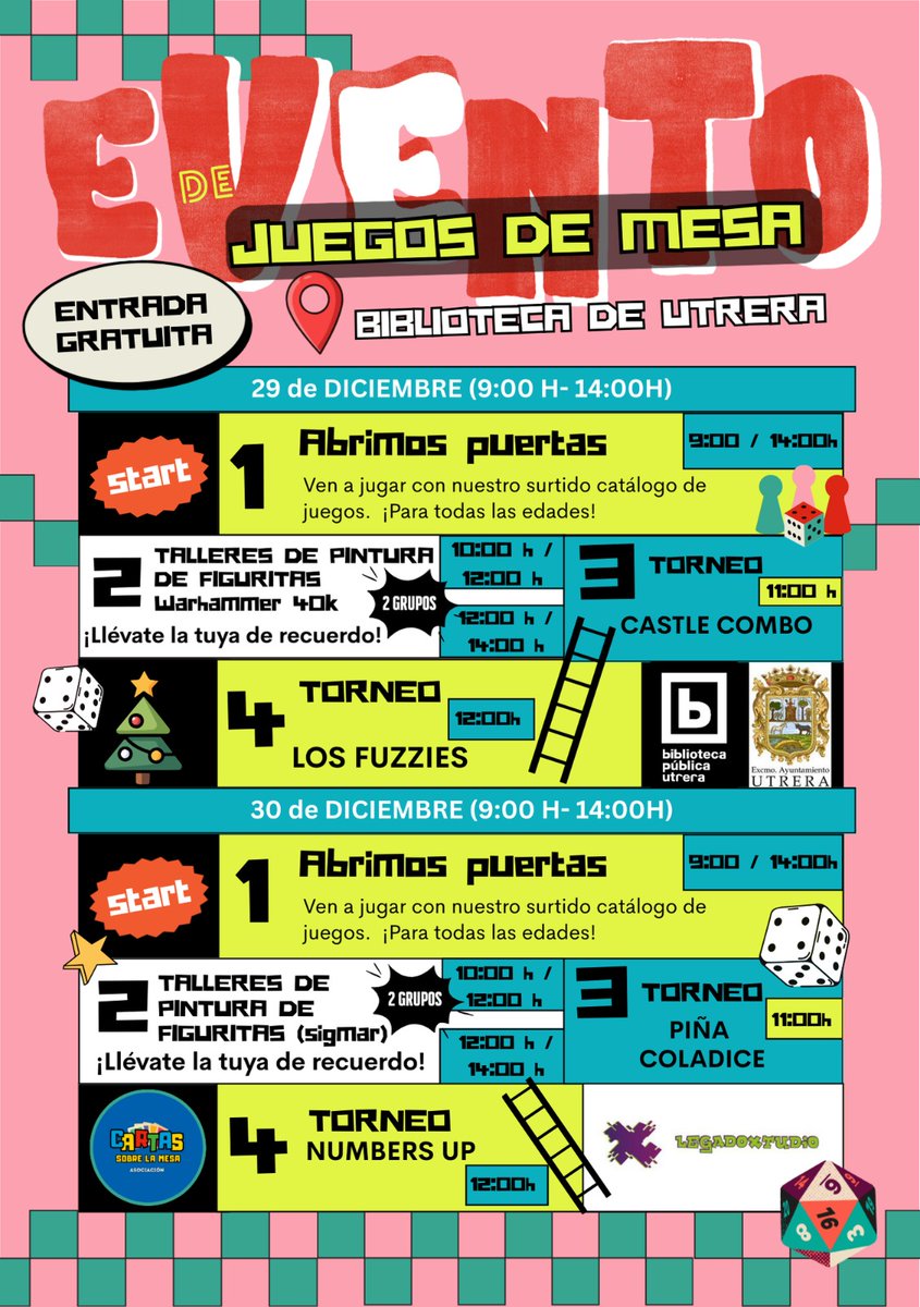 🎉 Termina el año con más #juegos gracias a #Cartassobrelamesa y <a href="/legadoxtudio/">Legadoxtudio</a> en la Biblioteca de Utrera:
🎲 ¡JUEGOS DE MESA, TALLERES Y TORNEOS PARA TODOS!  
📅29-30 dic,
🕘 9-14h
✅ Talleres pintura Warhammer/Sigmar
✅ Torneos: Castle Combo, Fuzzies..
✅ Sorteos + juegos