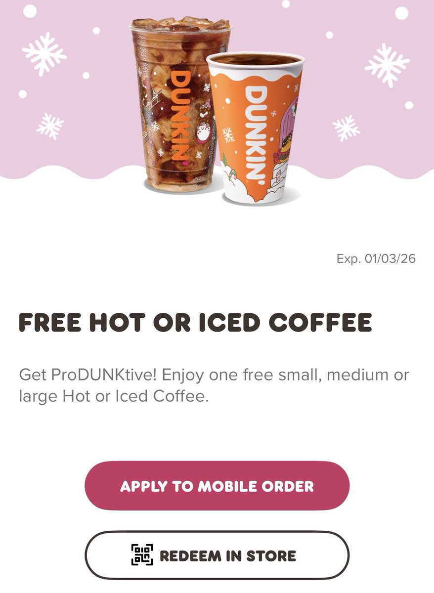 Free hot or iced coffee on Dunkin app - offers tab w/ code PRODUNKTIVITY (offer expires Jan 3rd)