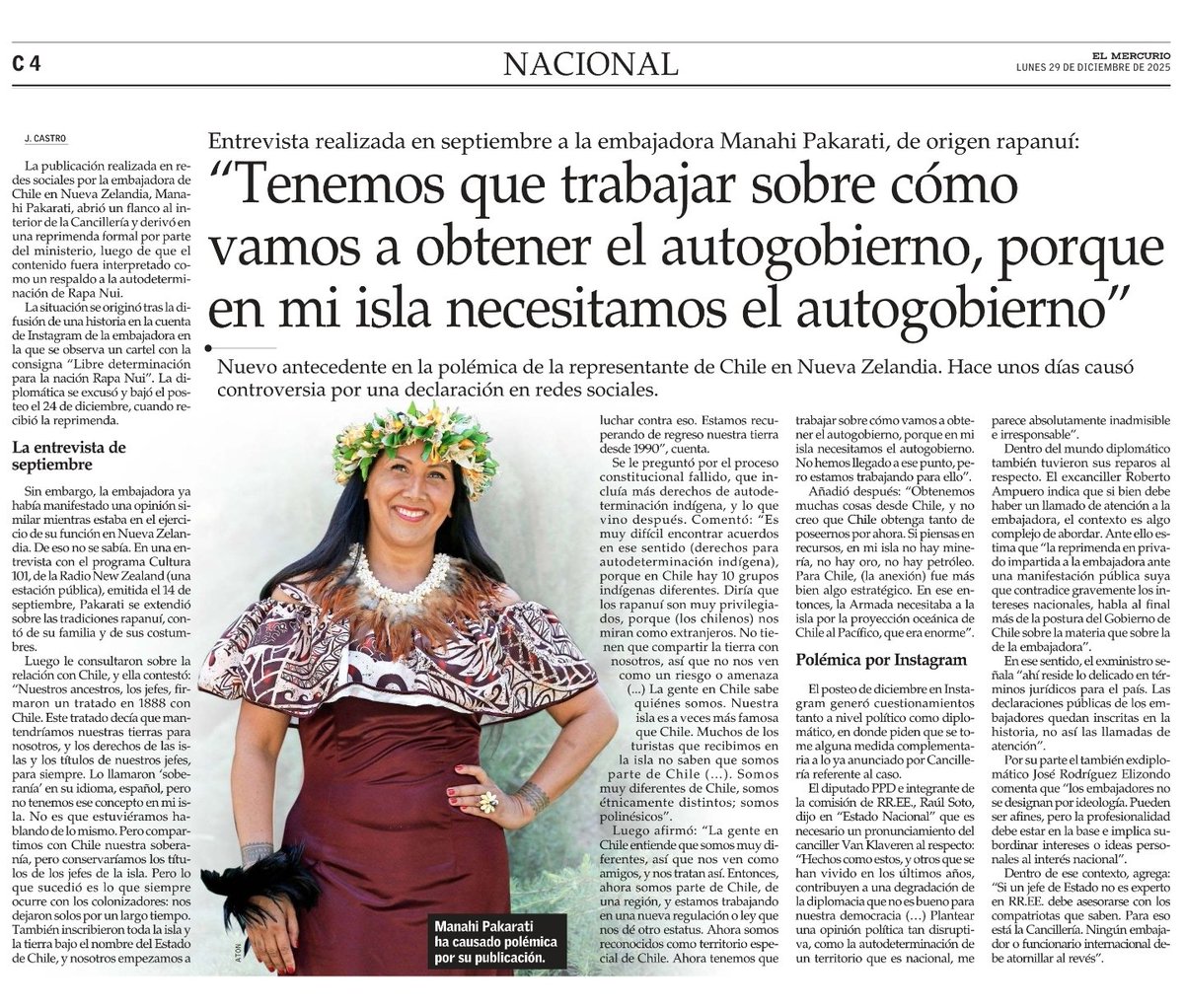 ChilePortadas's tweet image. 📰 Embajadora de Chile sobre Isla de Pascua (Rapa Nui):

🔴 "Tenemos que trabajar sobre cómo vamos a obtener el autogobierno, porque en mi isla necesitamos el autogobierno"