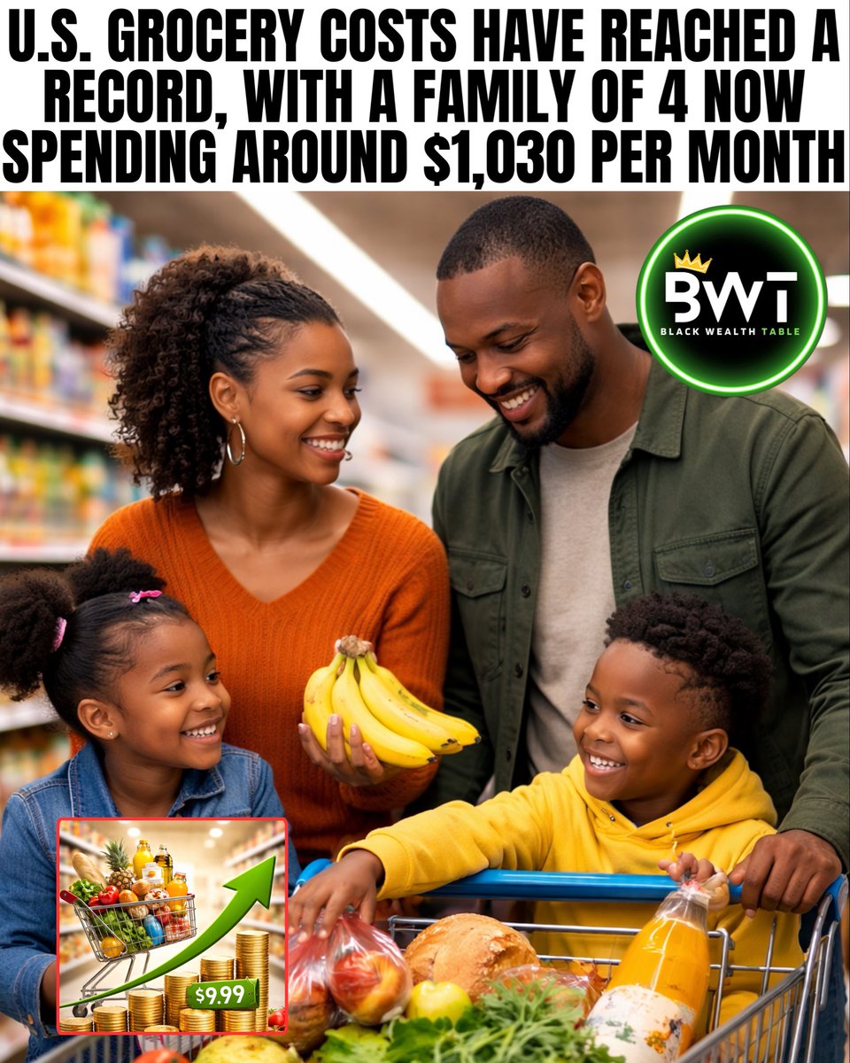 blkwealthtable's tweet photo. U.S. grocery costs have reached record highs, with the average family of four now spending around $1,030 per month on food at home. https://t.co/lHe13u24qR