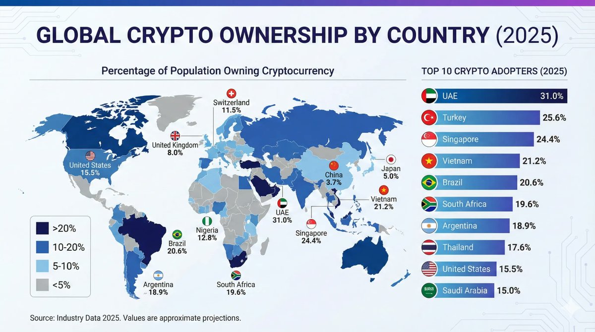 arndxt_xo's tweet photo. I am very surprised to see the smallest country in the world to be ranked number 3.

Countries by Crypto Ownership % (2025)

 UAE 🇦🇪 (31.0%)
 Turkey 🇹🇷 (25.6%)
 Singapore 🇸🇬 (24.4%)
 Vietnam 🇻🇳 (21.2%)
 Brazil 🇧🇷 (20.6%)
 South Africa 🇿🇦 (19.6%)
 Argentina 🇦🇷 (18.9%)
 Thailand 🇹🇭 (17.6%)
 United States 🇺🇸 (15.5%)
 Saudi Arabia 🇸🇦 (15.0%)
 Malaysia 🇲🇾 (14.3%)
 Hong Kong 🇭🇰 (14.3%)
 Indonesia 🇮🇩 (13.9%)
 South Korea 🇰🇷 (13.6%)
 Nigeria 🇳🇬 (12.8%)
 Switzerland 🇨🇭 (11.5%)
 Philippines 🇵🇭 (10.6%)
 Venezuela 🇻🇪 (10.3%)
 Ukraine 🇺🇦 (10.2%)
 Canada 🇨🇦 (10.1%)
 Slovenia 🇸🇮 (9.9%)
 Mexico 🇲🇽 (9.7%)
 Australia 🇦🇺 (9.6%)
 Luxembourg 🇱🇺 (9.2%)
 Chile 🇨🇱 (9.0%)
 Germany 🇩🇪 (8.9%)
 Ireland 🇮🇪 (8.7%)
 Norway 🇳🇴 (8.7%)
 Belgium 🇧🇪 (8.6%)
 Cyprus 🇨🇾 (8.3%)
 India 🇮🇳 (8.2%)
 United Kingdom 🇬🇧 (8.0%)
 Netherlands 🇳🇱 (7.8%)
 France 🇫🇷 (7.2%)
 Spain 🇪🇸 (6.8%)
 Poland 🇵🇱 (6.5%)
 Portugal 🇵🇹 (6.1%)
 Italy 🇮🇹 (5.8%)
 Austria 🇦🇹 (5.5%)
 Japan 🇯🇵 (5.0%)
 Greece 🇬🇷 (4.8%)
 Czech Republic 🇨🇿 (4.5%)
 New Zealand 🇳🇿 (4.2%)
 Sweden 🇸🇪 (4.0%)
 China 🇨🇳 (3.7%)
 Finland 🇫🇮 (3.4%)
 Denmark 🇩🇰 (3.1%)
 Israel 🇮🇱 (2.8%)
 Iceland 🇮🇸 (2.5%)
 Estonia 🇪🇪 (2.2%)