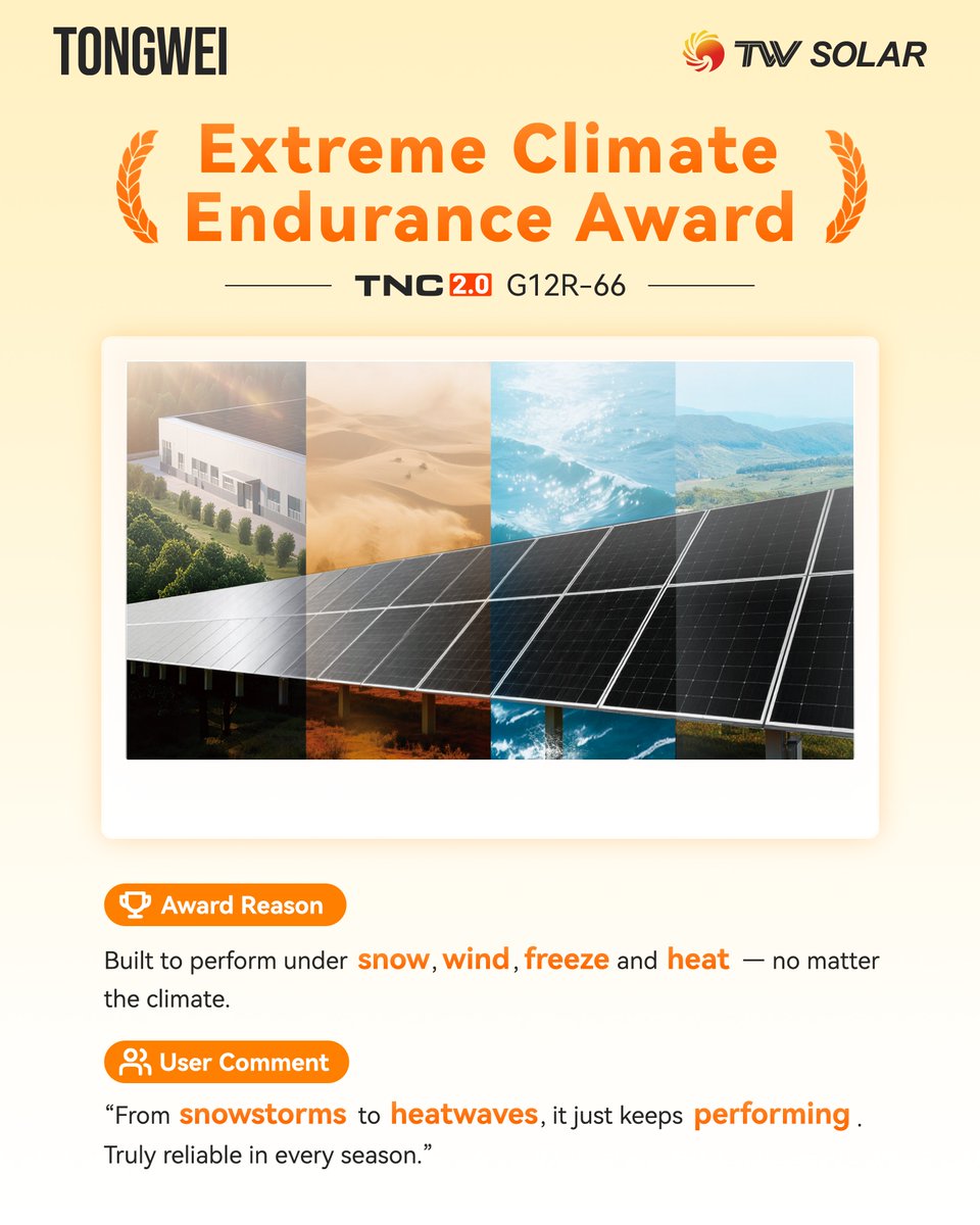 Tongwei_Solar's tweet image. ⚡ Solar Awards 2025 ☀️
TNC 2.0 takes center stage — different formats, different strengths, all award-winners in real scenarios.
From rooftops to utility scale, performance speaks for itself.
👉 Swipe to see who wins what!

#TongweiSolar #TNC2_0 #SolarAwards #PVModules