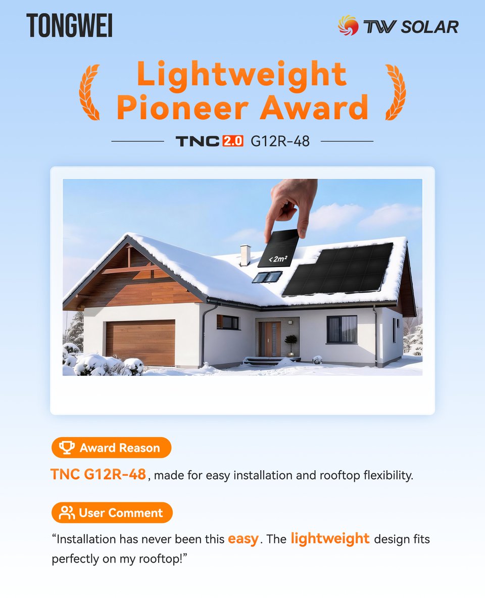 Tongwei_Solar's tweet image. ⚡ Solar Awards 2025 ☀️
TNC 2.0 takes center stage — different formats, different strengths, all award-winners in real scenarios.
From rooftops to utility scale, performance speaks for itself.
👉 Swipe to see who wins what!

#TongweiSolar #TNC2_0 #SolarAwards #PVModules