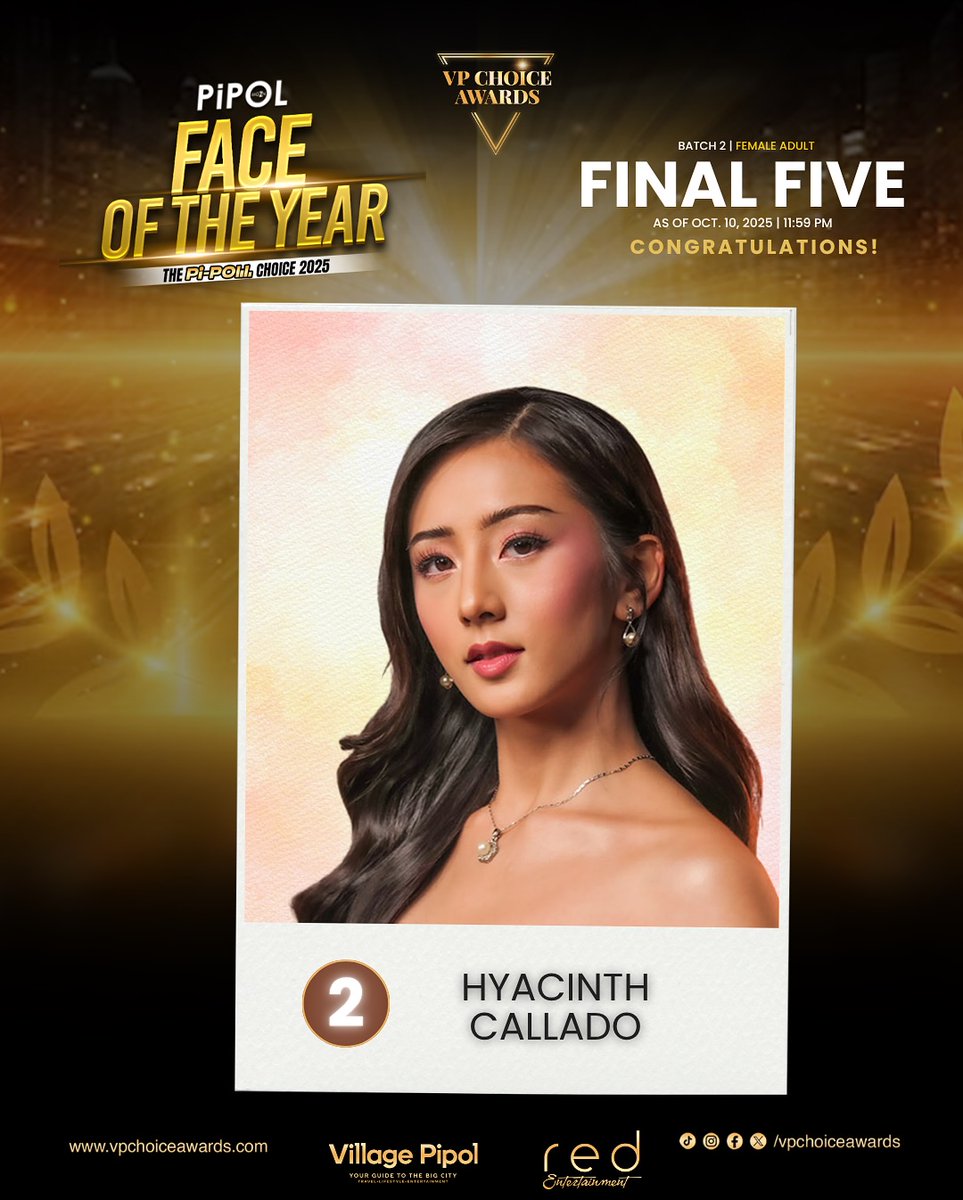 HyaGemsOFC's tweet image. Congratulations to Hyacinth Callado, a rising actress, singer, and model from Viva Artists Agency (@VivaArtists_), for being one of the 20 nominees for Face of the Year (Female Adult Category) at the 7th Village Pipol Choice Awards! 🎉

Final voting starts on January 15 and runs…