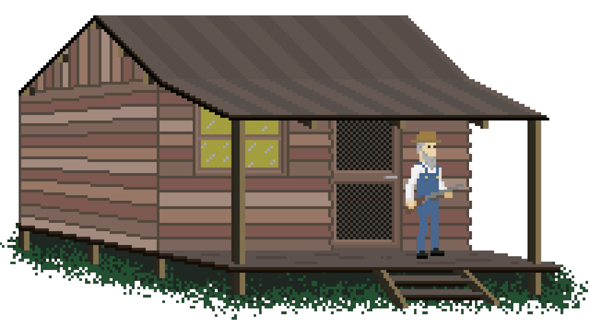 elalegreroger's tweet photo. Ahora si, ¡Eustace ya tiene su rancho! (cambiando la perspectiva, me dí cuenta que este tipo de casa estilo "rancho de pantano" le iba mucho mejor).

#pointandclick #adventuregame #indiedev #pixelart #retrogaming https://t.co/CMXn5zNZID