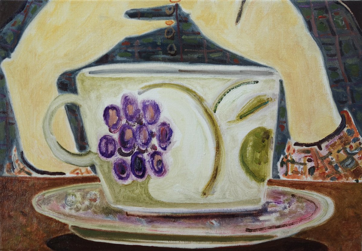 友だちとお茶してるときの絵
相手の顔とか外の景色より　カップの柄をめっちゃ見ながら話聞くこと　よくある
あの話した時ああいう柄のカップ出されたなーとか覚えてる
あと、もっと真ん中にキッチリ描くこともできたけど　そんなに緊張感いらねえなって直すのやめた